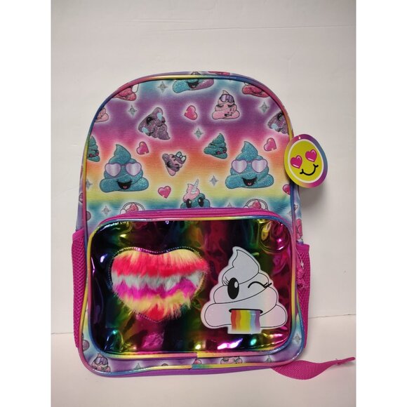 Rainbow Poop Emoji Backpack With Furry Heart Pocket For Kids - Picture 9 of 10